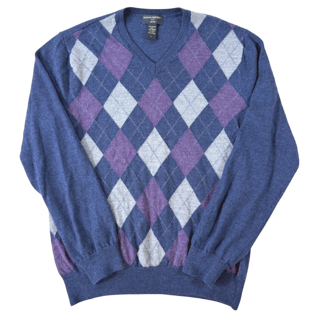 Merino Wool Argyle Sweater Banana Republic Mens Large Blue Preppy Academia Fall